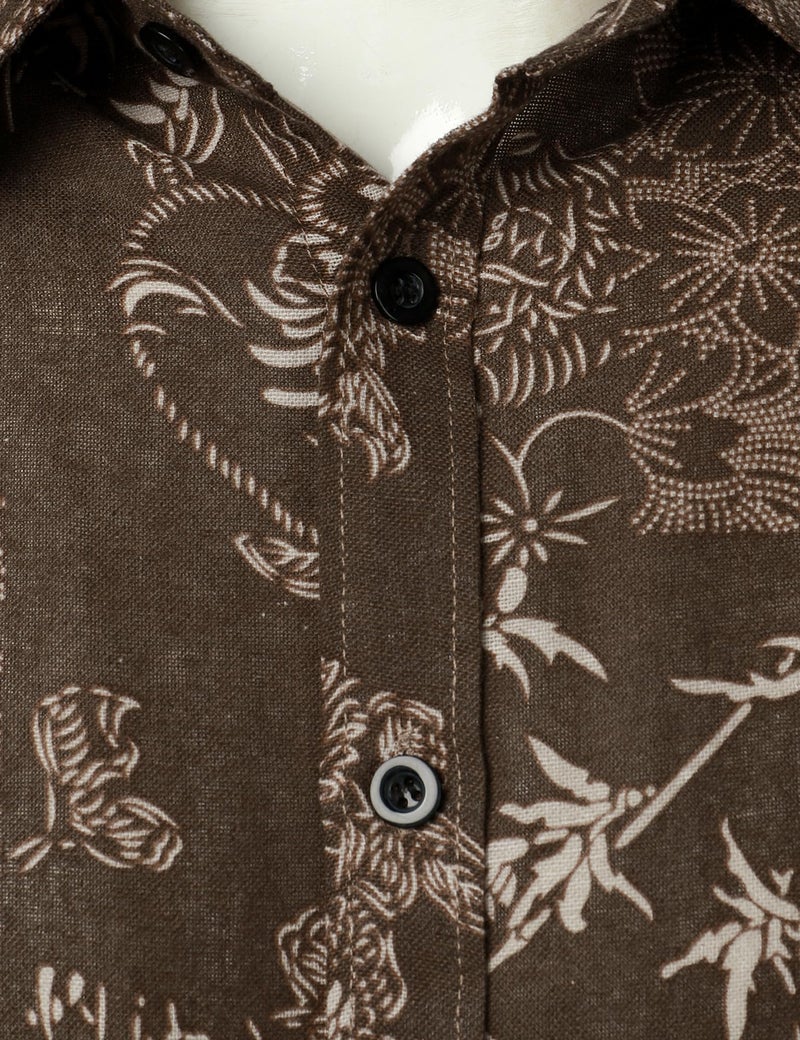 PARKLEES Men's Floral Printed Long Sleeve Shirts Retro Pattern Printed Cotton Linen Button Down Shirt Brown Leaves Large - Image 4