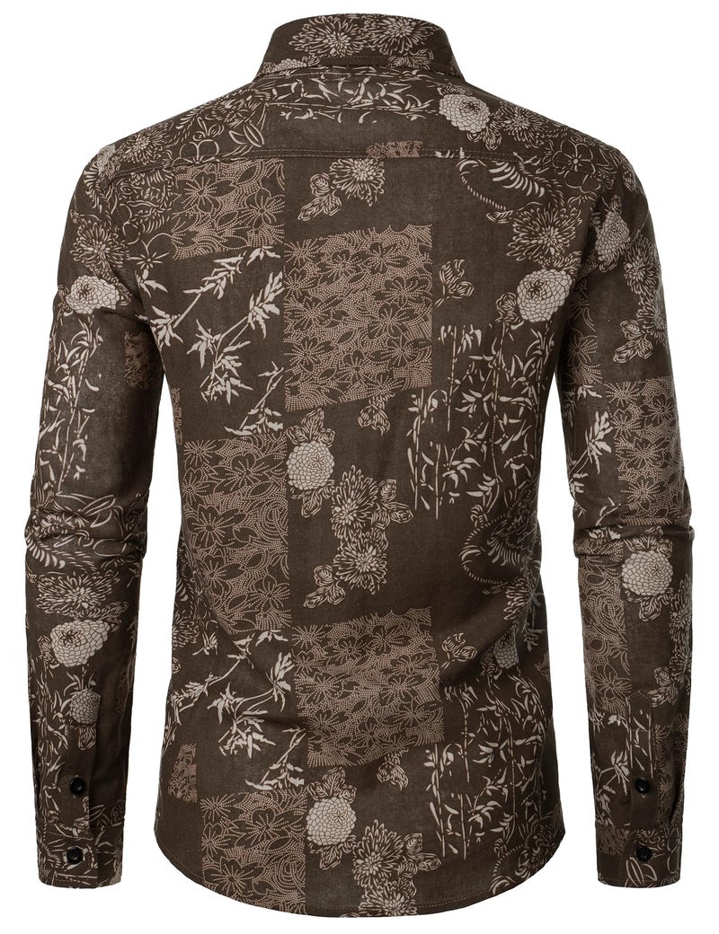 PARKLEES Men's Floral Printed Long Sleeve Shirts Retro Pattern Printed Cotton Linen Button Down Shirt Brown Leaves Large - Image 3