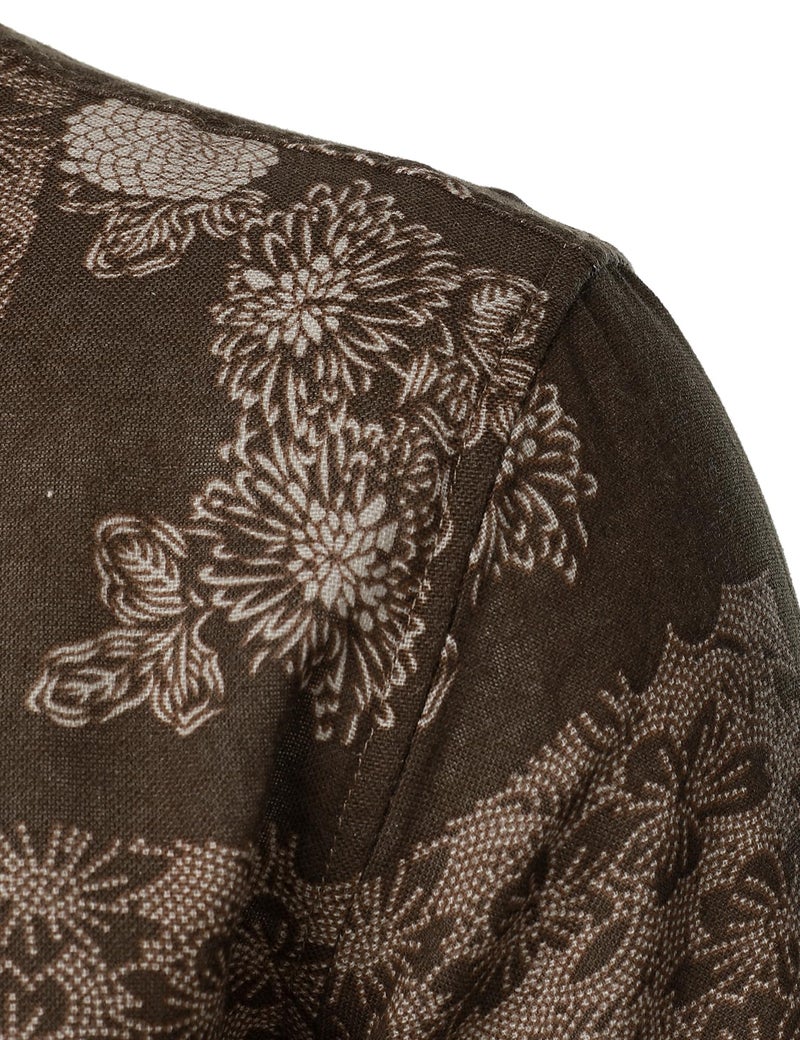 PARKLEES Men's Floral Printed Long Sleeve Shirts Retro Pattern Printed Cotton Linen Button Down Shirt Brown Leaves Large - Image 5