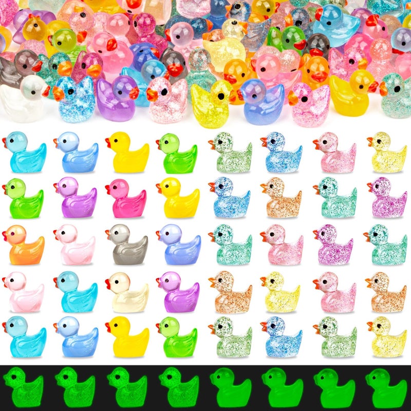 FEXIA 100pcs Mini Ducks Glitter Resin Tiny Ducks Animals Figures to Hide Glow in The Dark Duck Figures for Dollhouse Aquarium Fairy Garden Decor - Image 1