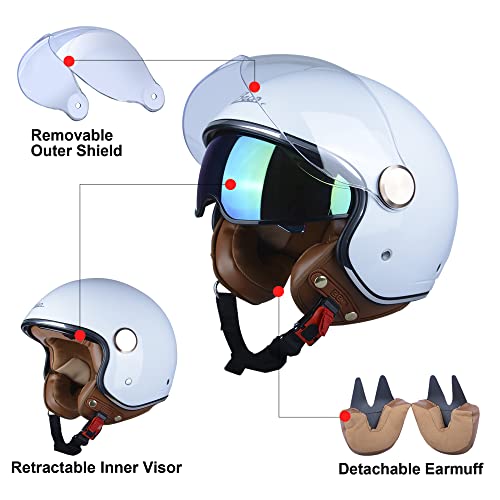 BEON Half 3/4 Face Motorcycle Helmet, DOT Approved, Retro Vintage Style, Dual Visors Men’s and Women’s Motorbike Casco for Moped Cruiser Bobber and Chopper (XL, Glossy White) - Image 5