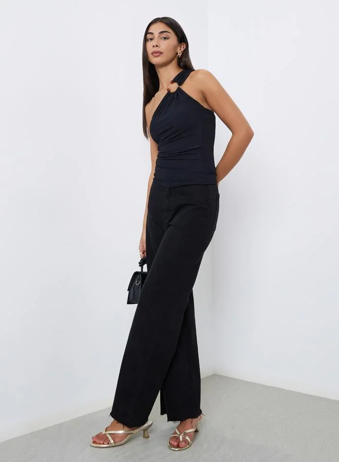 Styli Styli Black One Shoulder Knit Top With Ring Detail