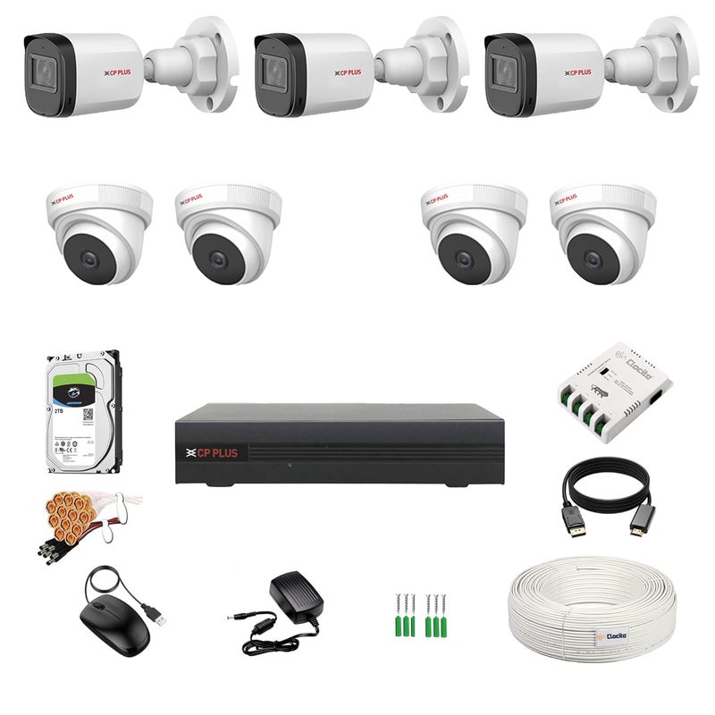 Clocite CP Plus 2.4MP 8 Channel DVR, 2.4MP 4 Dome & 3 Bullet Cameras (Audio Recording) [Night Vision + Built-in MIC Audio + Crystal IR LEDs + Motion Detection] + 2 TB HDD + 8 CH SMPS + CCTV Cable + BNC/DC - Image 1