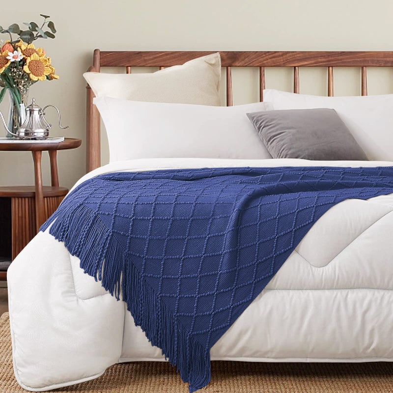 inhand Navy Blue Throw Blanket for Couch and Bed  Soft Living Room Home Decor Knitted Blanket with Tassel  Outdoor Lightweight Breathable Summer Blanket  Farmhouse Warm Woven Decorative  50""x60"" - Image 3