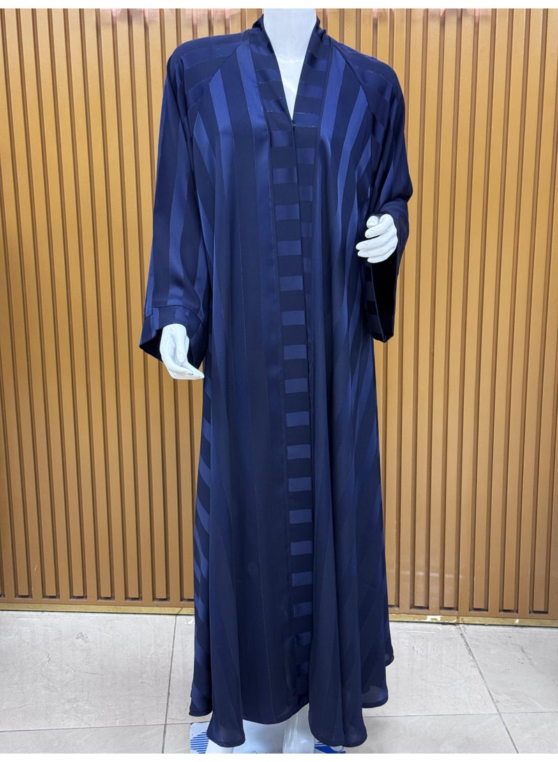Elegant and Comfortable Satin Striped Abaya with a Flowing Navy Blue Finish, Perfect for Everyday Casual Wear and Modest Fashion Styling - Image 2
