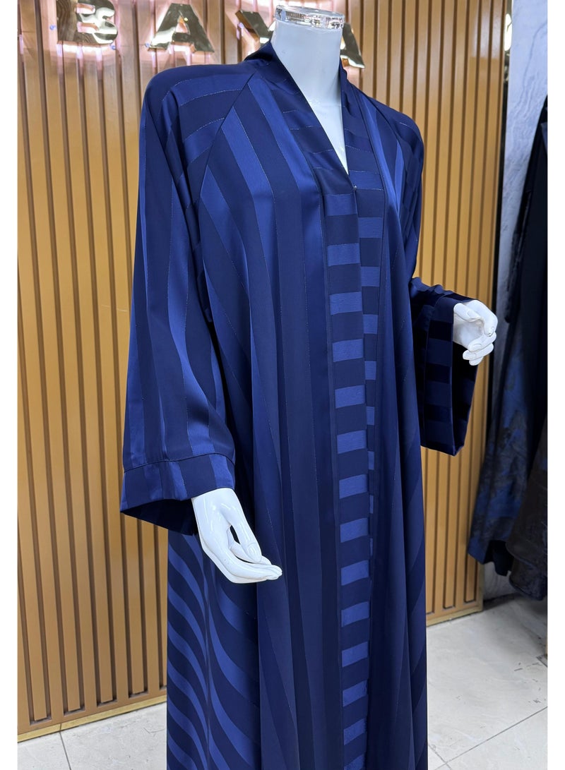 Elegant and Comfortable Satin Striped Abaya with a Flowing Navy Blue Finish, Perfect for Everyday Casual Wear and Modest Fashion Styling - Image 3