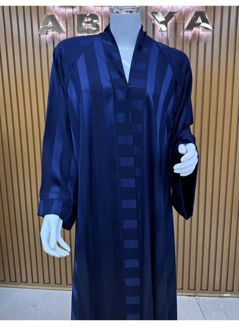 Elegant and Comfortable Satin Striped Abaya with a Flowing Navy Blue Finish, Perfect for Everyday Casual Wear and Modest Fashion Styling - Image 1