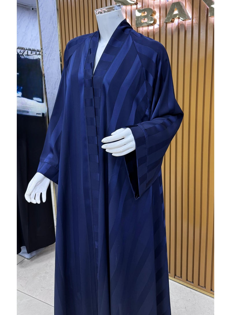 Elegant and Comfortable Satin Striped Abaya with a Flowing Navy Blue Finish, Perfect for Everyday Casual Wear and Modest Fashion Styling - Image 4