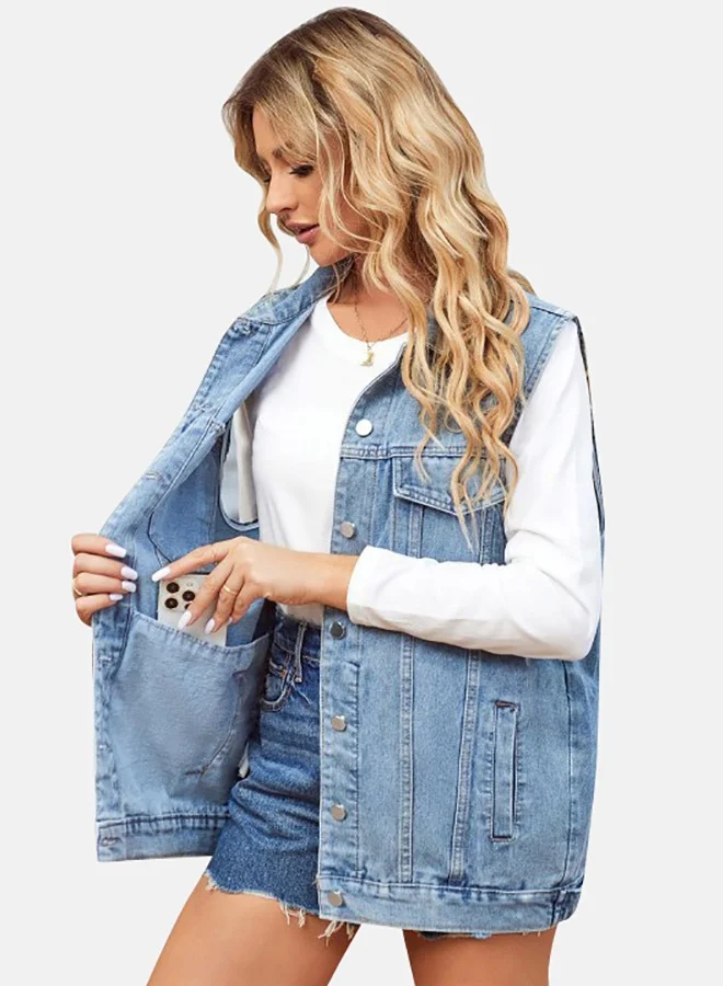 يونيكي Blue Collared Sleeveless Denim Jacket