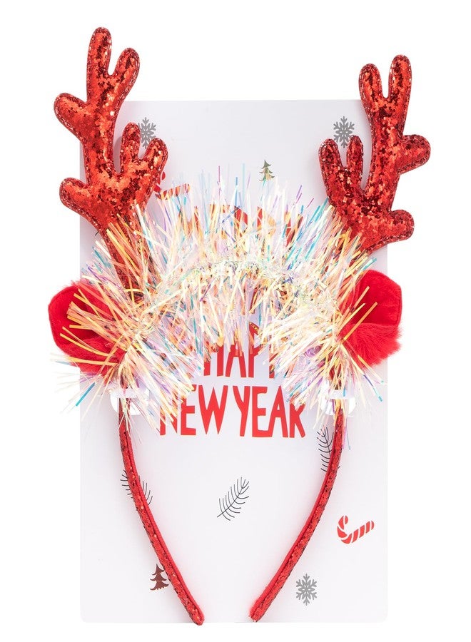 BLAAROOM Christmas Elk Antlers Headbands Christmas Headband with Glitter Ribbon Xmas Reindeer Antlers Hair Hoop Christmas Headpiece Cosplay Party for Women Girls - Red - Image 1