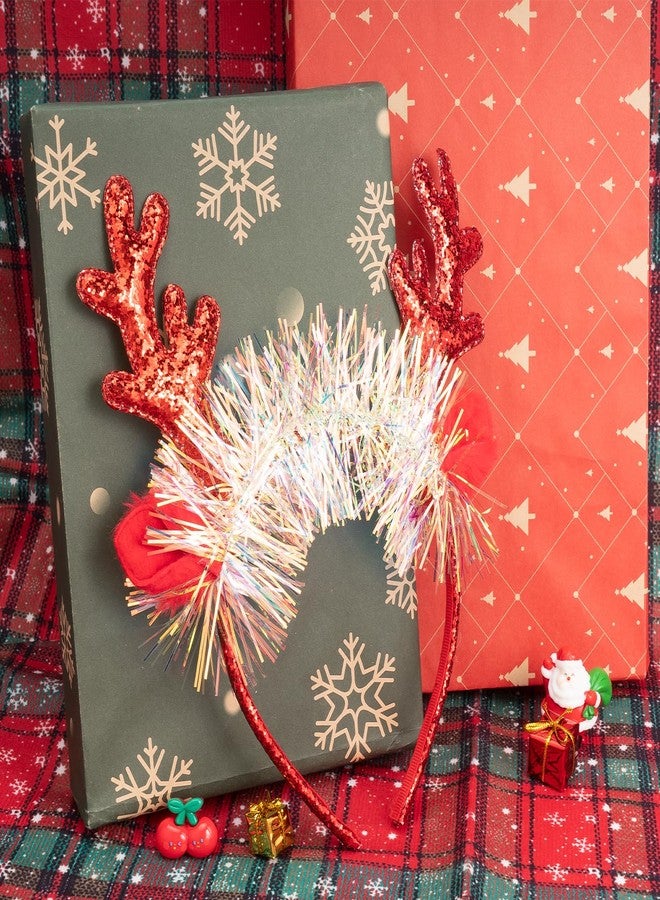 BLAAROOM Christmas Elk Antlers Headbands Christmas Headband with Glitter Ribbon Xmas Reindeer Antlers Hair Hoop Christmas Headpiece Cosplay Party for Women Girls - Red - Image 2