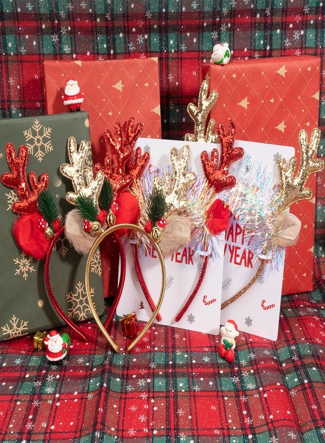 BLAAROOM Christmas Elk Antlers Headbands Christmas Headband with Glitter Ribbon Xmas Reindeer Antlers Hair Hoop Christmas Headpiece Cosplay Party for Women Girls - Red - Image 5