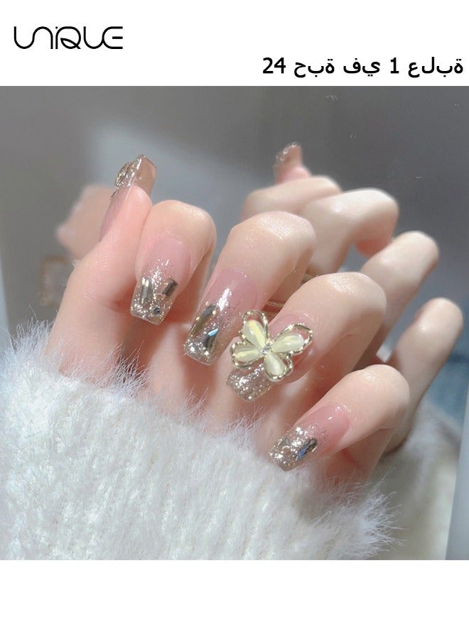 Unique 24Pcs Fake Nails, Press Nails, Mid-length Ballet Manicure - Golden Butterfly Manicure - Sparkling Diamond Manicure - Fake Nail Patch - Image 1