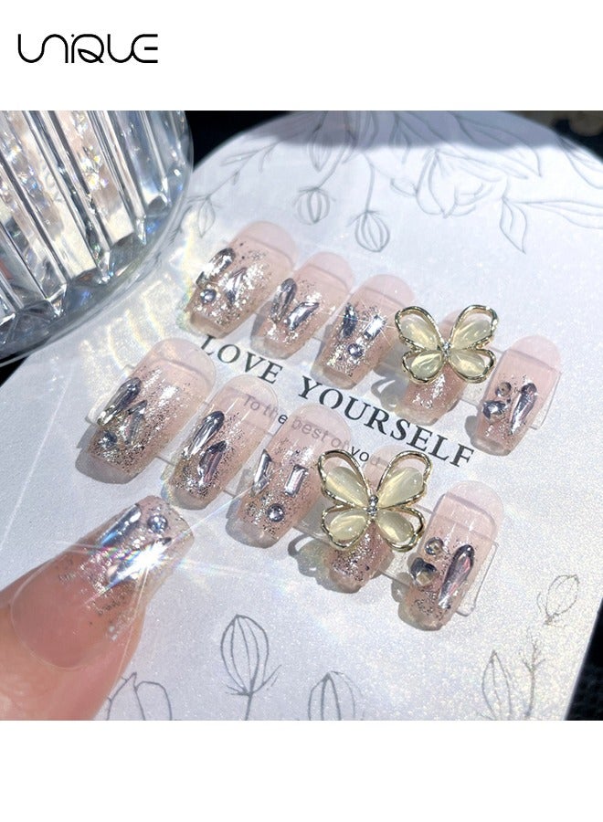 Unique 24Pcs Fake Nails, Press Nails, Mid-length Ballet Manicure - Golden Butterfly Manicure - Sparkling Diamond Manicure - Fake Nail Patch - Image 3