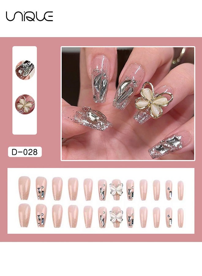 Unique 24Pcs Fake Nails, Press Nails, Mid-length Ballet Manicure - Golden Butterfly Manicure - Sparkling Diamond Manicure - Fake Nail Patch - Image 2