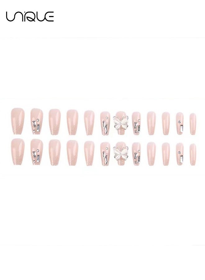 Unique 24Pcs Fake Nails, Press Nails, Mid-length Ballet Manicure - Golden Butterfly Manicure - Sparkling Diamond Manicure - Fake Nail Patch - Image 4