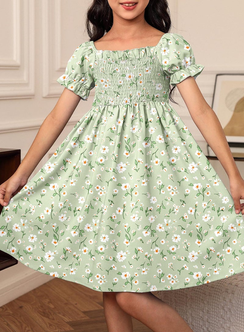 blibean Girls Summer Dresses Tween Kids Boho Clothes Floral Dress Casual Flower Short Sleeve Ruffled Clothing Vestidos NiÃ±as Size 12 13 14 Years XX-Large Green - Image 2