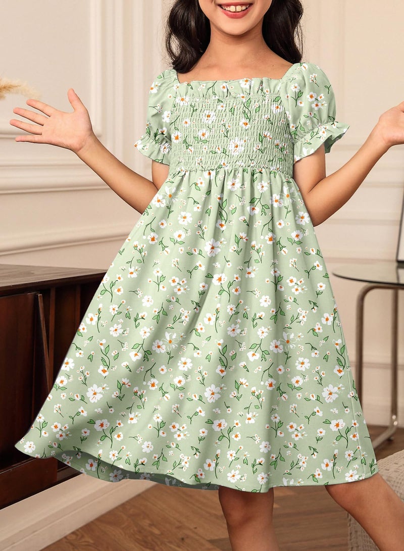 blibean Girls Summer Dresses Tween Kids Boho Clothes Floral Dress Casual Flower Short Sleeve Ruffled Clothing Vestidos NiÃ±as Size 12 13 14 Years XX-Large Green - Image 5