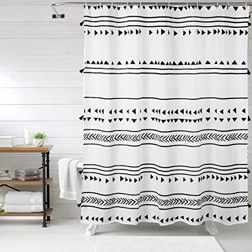 Uphome Extra Long Fabric Shower Curtain for Bathroom, Black and White Boho Shower Curtain Set Chic Triangle Geometric Tassel Cloth Bath Curtains, Waterproof Machine Washable for Modern Bathtub 72 x 78 - Image 1