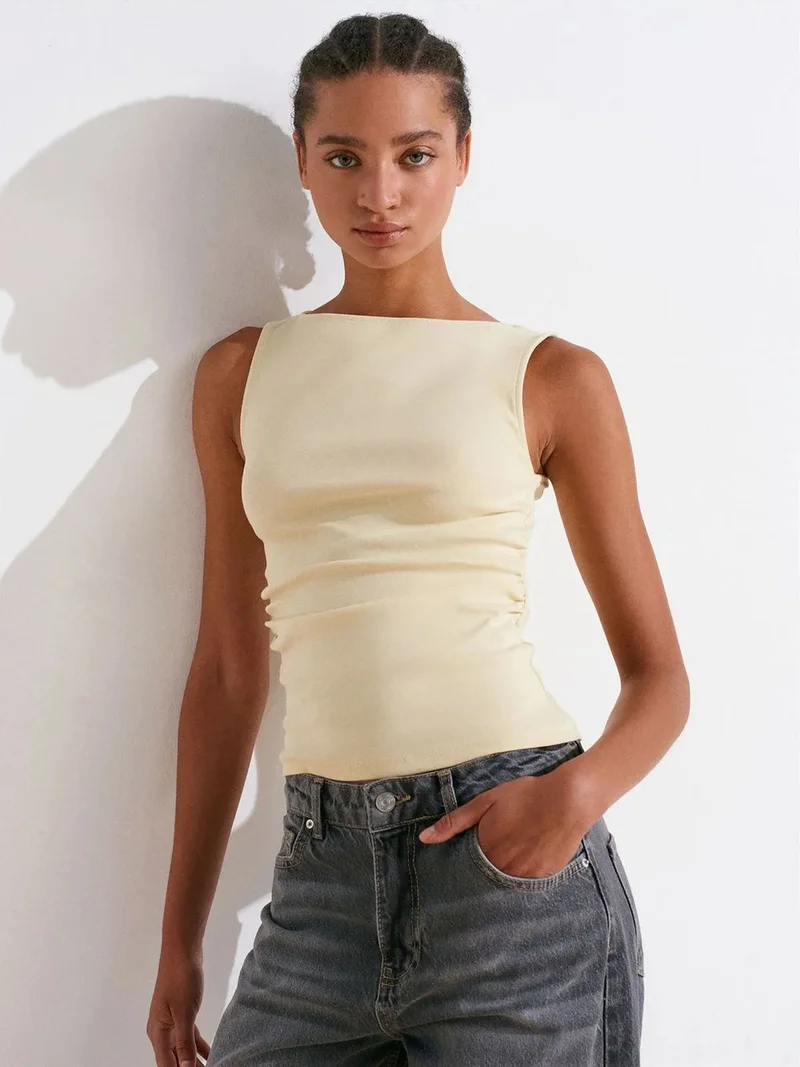 ديلفين Dilvin Sleeveless Boat Neck Jersey Blouse
