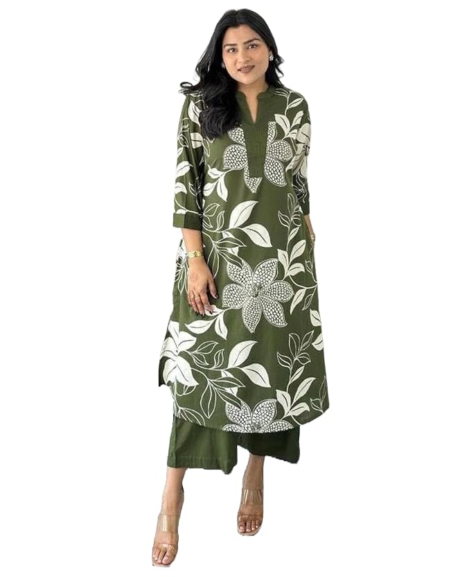 MEERA FAB Women's Pure Cotton Printed Ethnic Wear Straight Kurta Set with Palazzo Pants Green - Image 1