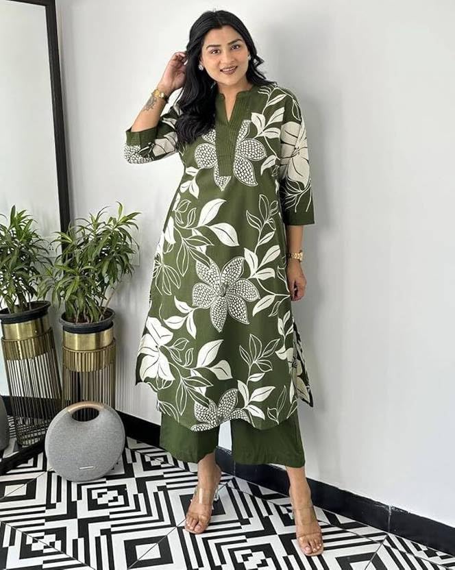 MEERA FAB Women's Pure Cotton Printed Ethnic Wear Straight Kurta Set with Palazzo Pants Green - Image 4