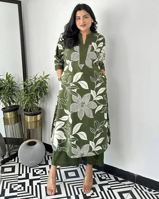 MEERA FAB Women's Pure Cotton Printed Ethnic Wear Straight Kurta Set with Palazzo Pants Green - Image 3