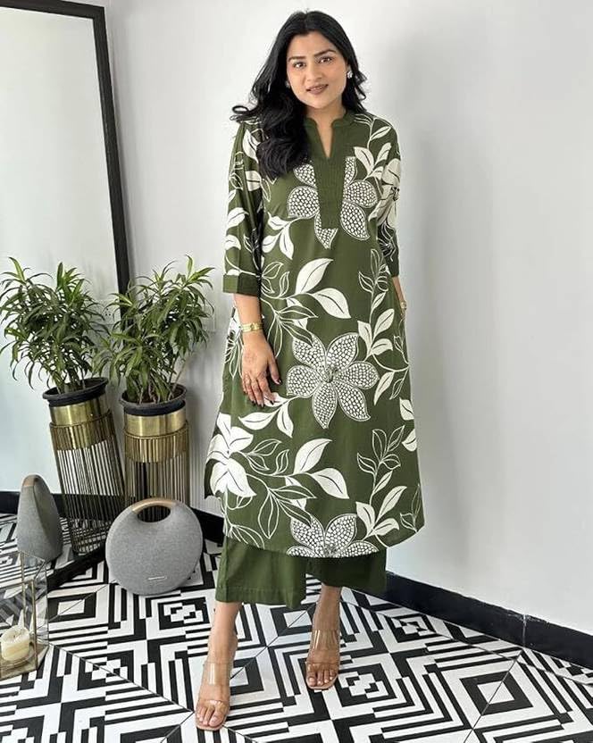 MEERA FAB Women's Pure Cotton Printed Ethnic Wear Straight Kurta Set with Palazzo Pants Green - Image 2