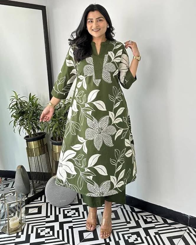 MEERA FAB Women's Pure Cotton Printed Ethnic Wear Straight Kurta Set with Palazzo Pants Green - Image 5