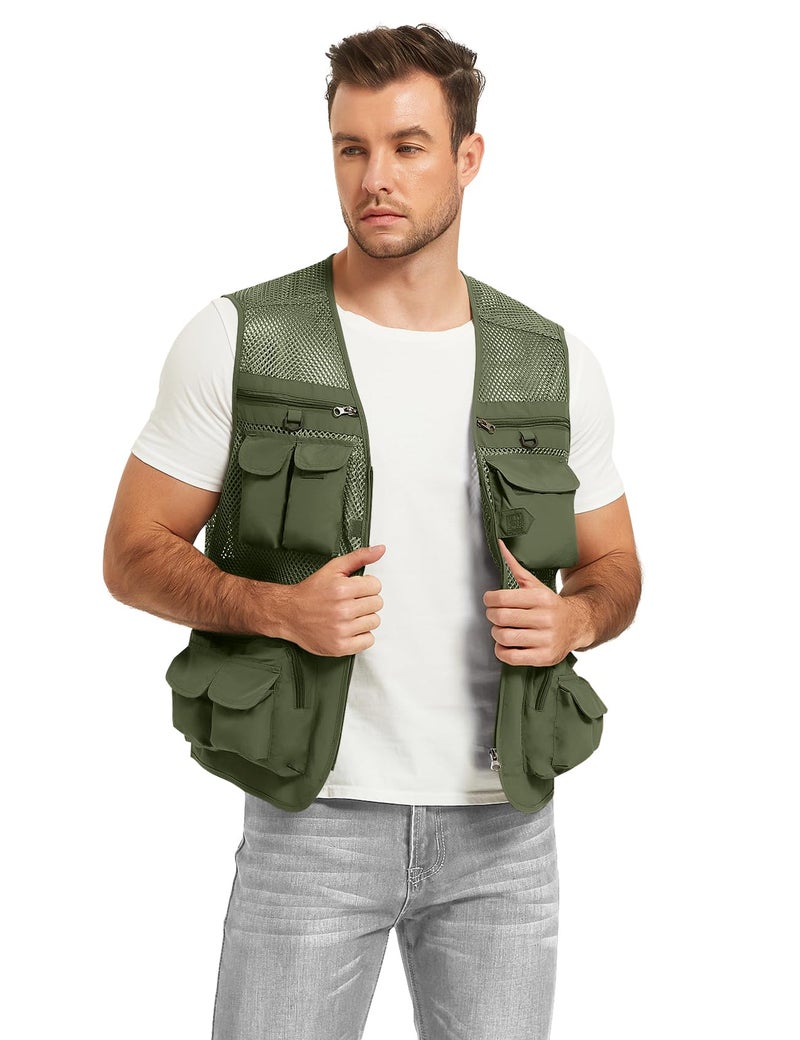 Flygo Men's Fishing Vest Utility Lightweight Outdoor Travel Safari Photo Cargo Vest with 16 pockets mesh Army Green L - Image 4