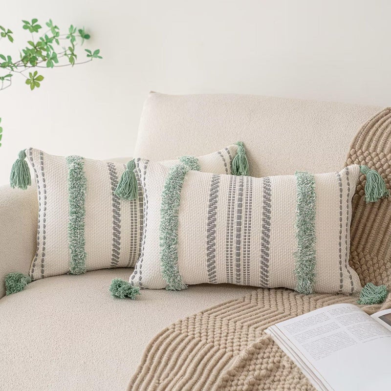 BUIOVBEY Boho Throw Pillow Covers 12x20 Set of 2 Woven Tufted Farmhouse Pillows Cover with Tassels Textured Striped Cushion Case Lumbar Pillow Cases Decorative Pillowcase for Couch  Bed  Light Green - Image 1