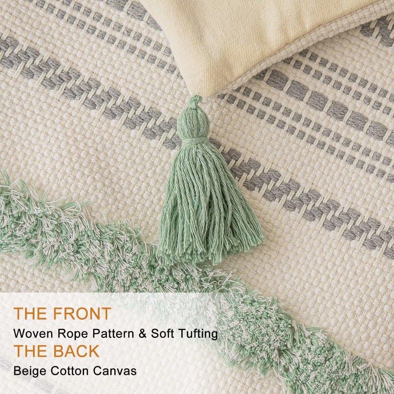 BUIOVBEY Boho Throw Pillow Covers 12x20 Set of 2 Woven Tufted Farmhouse Pillows Cover with Tassels Textured Striped Cushion Case Lumbar Pillow Cases Decorative Pillowcase for Couch  Bed  Light Green - Image 2