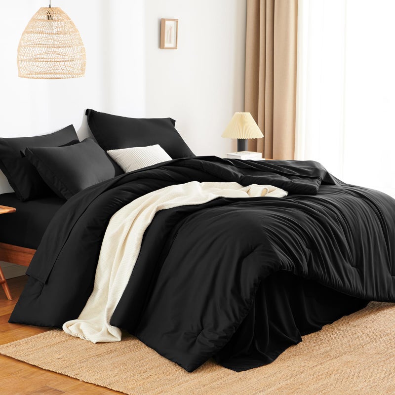 HIMEET Queen Comforter Set - 7 Pieces Bed in a Bag Queen Size, Luxury Comforter Set with Sheets for All Season, Bed Set with Comforter, Flat Sheet, Fitted Sheet, Pillowcases & Shams, Black - Image 3