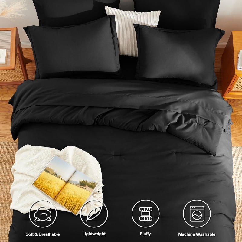 HIMEET Queen Comforter Set - 7 Pieces Bed in a Bag Queen Size, Luxury Comforter Set with Sheets for All Season, Bed Set with Comforter, Flat Sheet, Fitted Sheet, Pillowcases & Shams, Black - Image 2