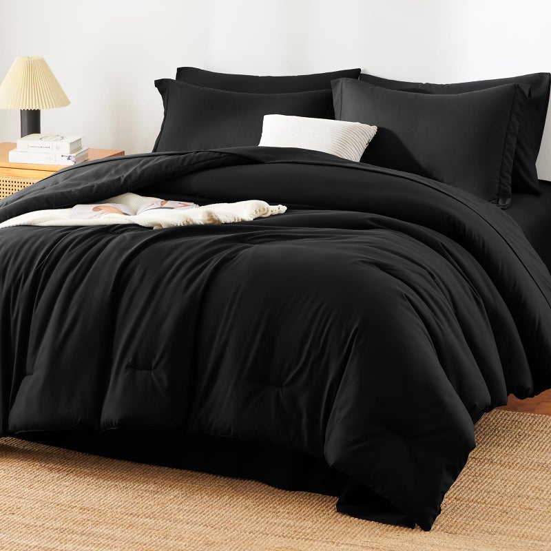 HIMEET Queen Comforter Set - 7 Pieces Bed in a Bag Queen Size, Luxury Comforter Set with Sheets for All Season, Bed Set with Comforter, Flat Sheet, Fitted Sheet, Pillowcases & Shams, Black - Image 1