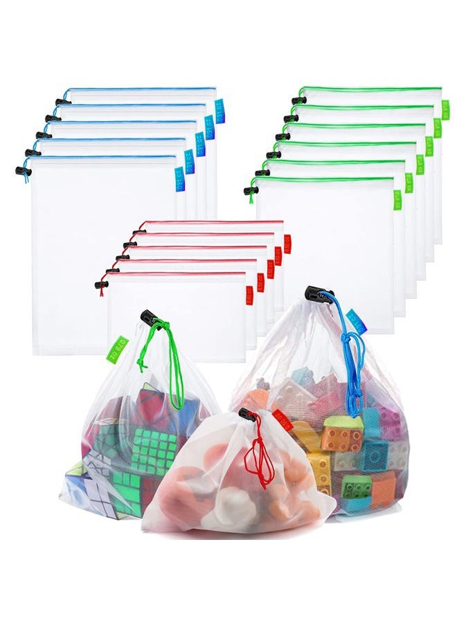 RUSON 16 Pcs Mesh Small Toy Bags for Storage, 3 Sizes Reusable Mesh Drawstring Produce Bags Puzzle Bag for Kids Storage Playroom Organization, Fruits, Vegetable - Image 1