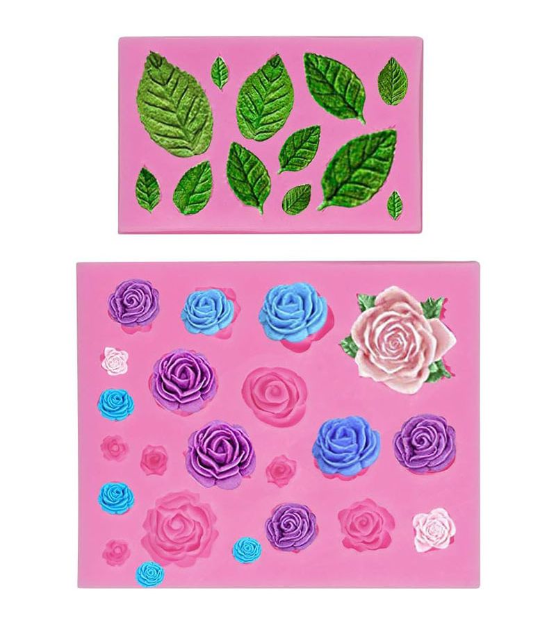 Pink Silicone Mold For Rose Flowers And Leaves Cake Decorating Sugarcraft Cupcake Toppers Polymer Clay Candy Chocolate Soap Wax Crafting Projects - Image 1