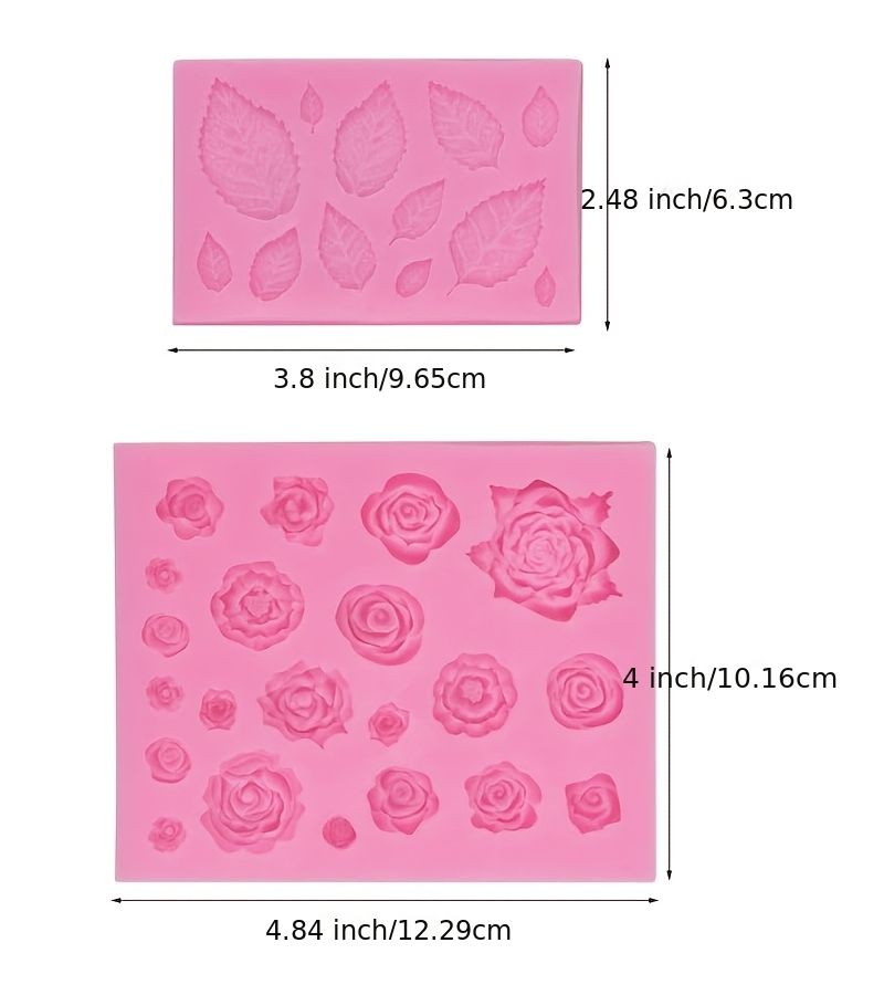 Pink Silicone Mold For Rose Flowers And Leaves Cake Decorating Sugarcraft Cupcake Toppers Polymer Clay Candy Chocolate Soap Wax Crafting Projects - Image 3