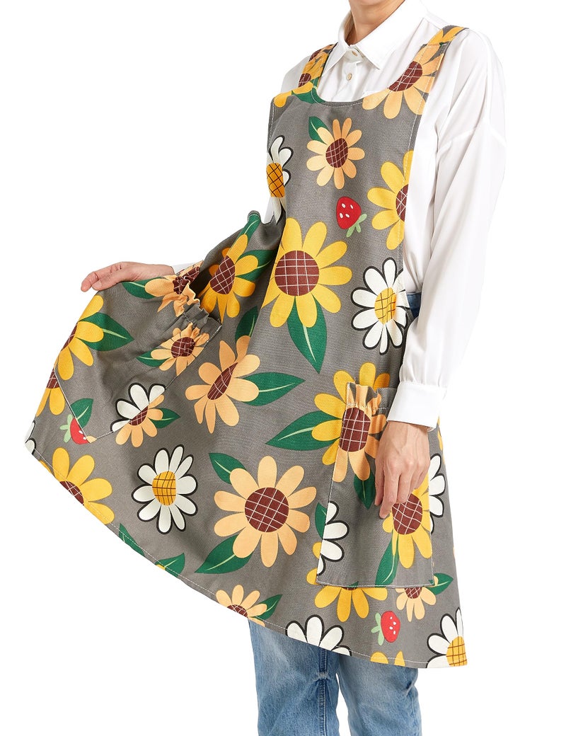 APRONNER Cozy Adjustable Cross Back Aprons for Women with Pockets Cotton Linen Cooking Kitchen Baking Sun Flowers