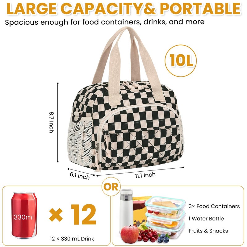 ELONGRIVER Corduroy Insulated Lunch Bag for Women Teen Girls, Portable Adult Lunch Box, Reusable Tote Cooler Bags, Lightweight Womens Lunch Bags with Front Pockets Work Picnic Travel, Black Checkered - Image 3