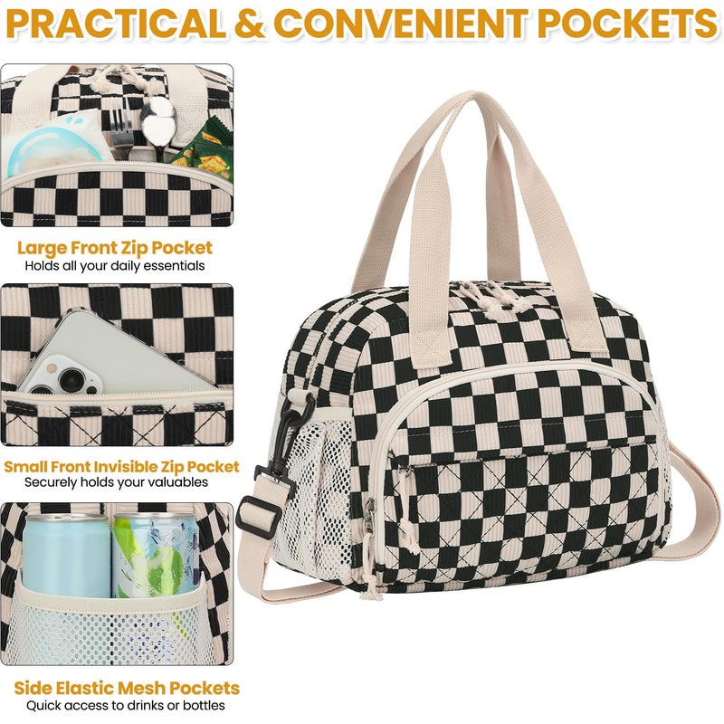 ELONGRIVER Corduroy Insulated Lunch Bag for Women Teen Girls, Portable Adult Lunch Box, Reusable Tote Cooler Bags, Lightweight Womens Lunch Bags with Front Pockets Work Picnic Travel, Black Checkered - Image 5