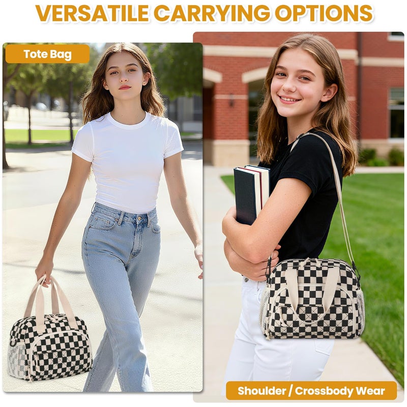 ELONGRIVER Corduroy Insulated Lunch Bag for Women Teen Girls, Portable Adult Lunch Box, Reusable Tote Cooler Bags, Lightweight Womens Lunch Bags with Front Pockets Work Picnic Travel, Black Checkered - Image 2