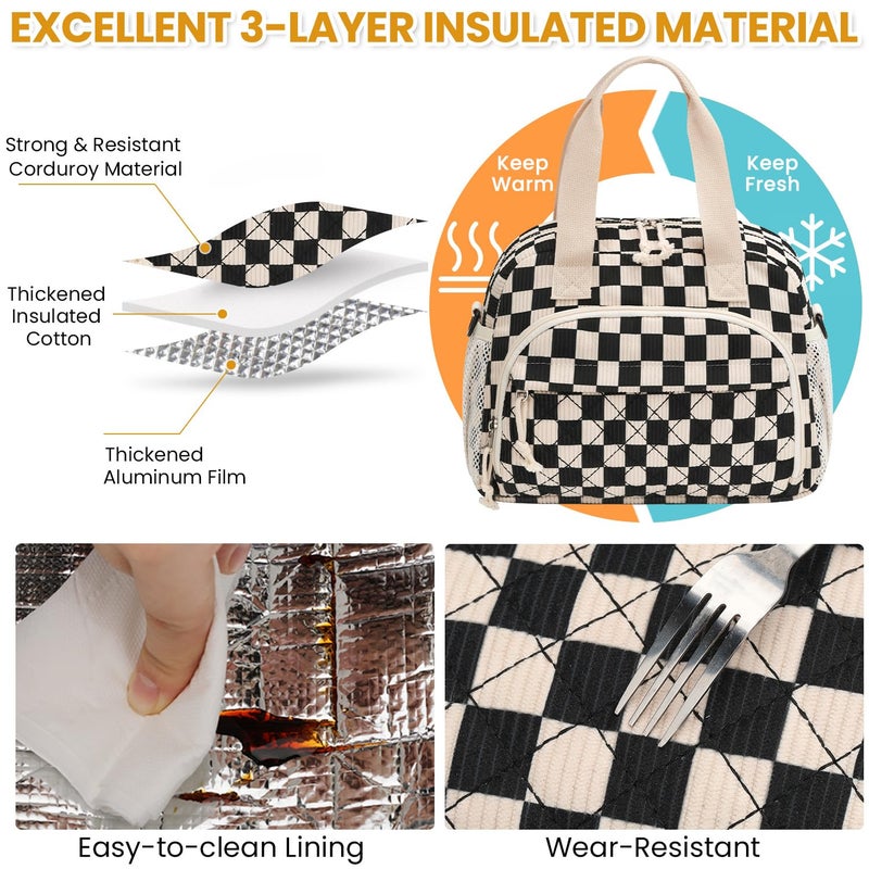 ELONGRIVER Corduroy Insulated Lunch Bag for Women Teen Girls, Portable Adult Lunch Box, Reusable Tote Cooler Bags, Lightweight Womens Lunch Bags with Front Pockets Work Picnic Travel, Black Checkered - Image 4