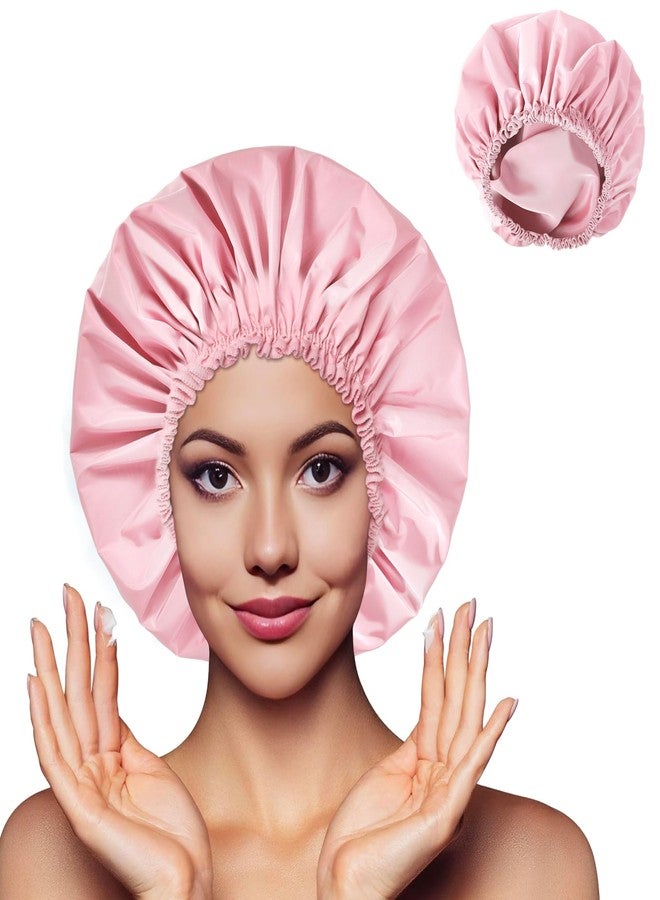 CHFONG Shower Cap for Women Set of 4, 1 Double-Layer Waterproof Bath Cap + 3 Single-Layer Waterproof Shower Caps - Reusable Hair Protector, TPU Coated Elastic Bathing Cap for Women & Men - Pink - Image 2