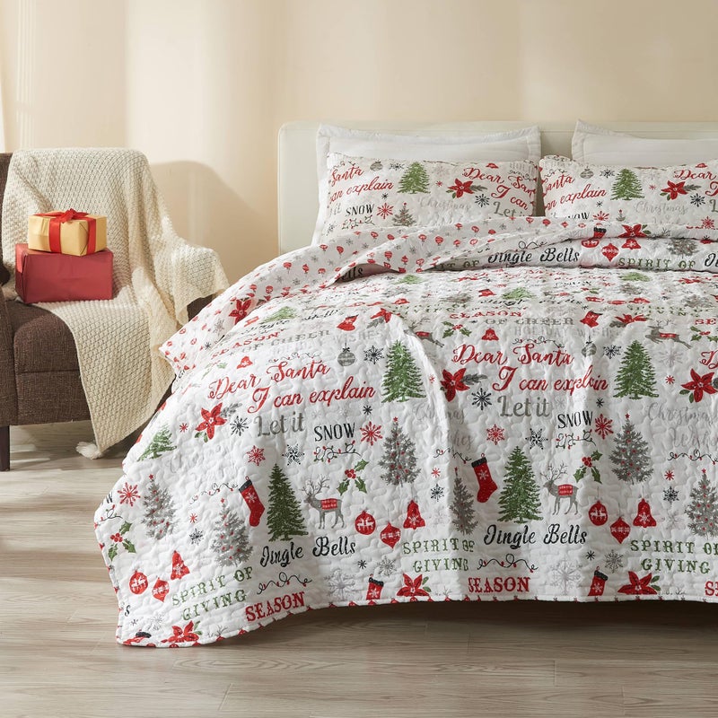 Great Bay Home 3Piece Christmas Quilt Set with Shams Reversible Bedspread Coverlet with Holiday Pattern Carol Collection FullQueen