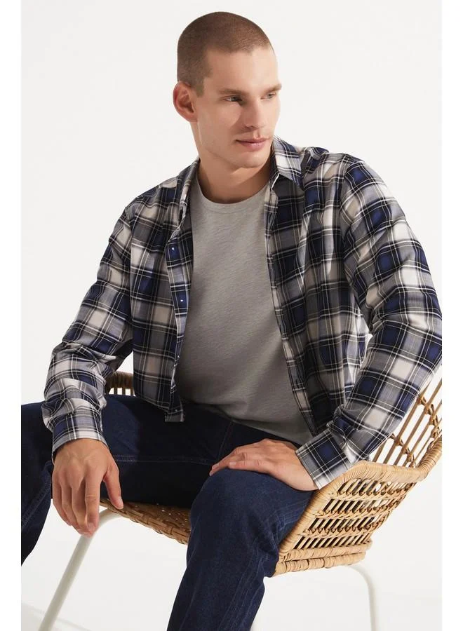 JUNE June Men Regular Fit Long Sleeve Plaid Shirt Navy - Grey