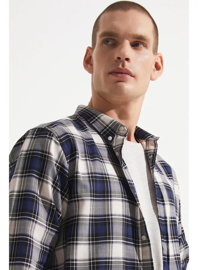 JUNE June Men Regular Fit Long Sleeve Plaid Shirt Navy - Grey