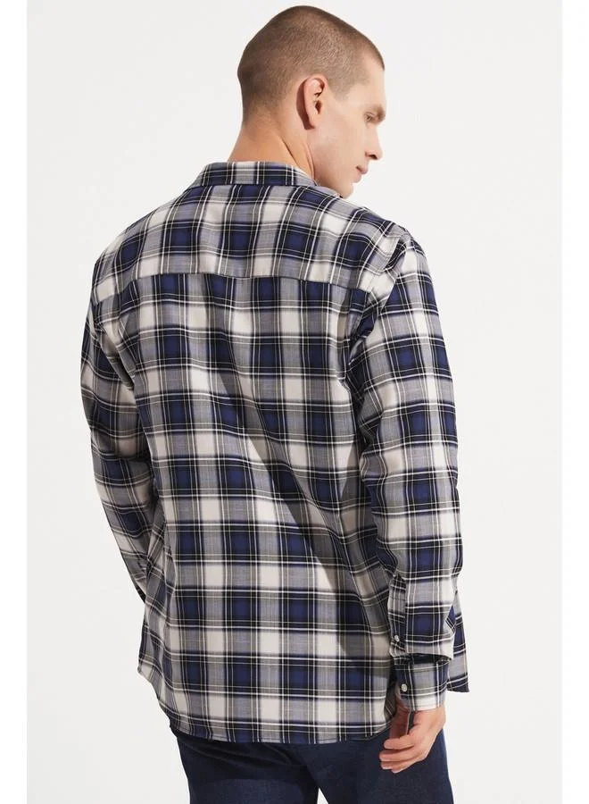 JUNE June Men Regular Fit Long Sleeve Plaid Shirt Navy - Grey