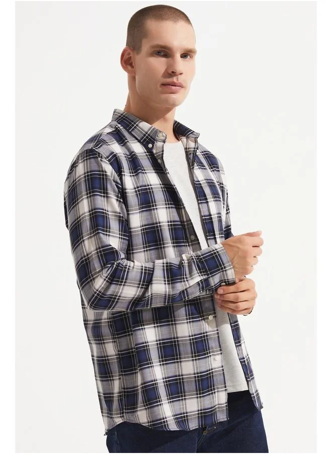 JUNE June Men Regular Fit Long Sleeve Plaid Shirt Navy - Grey