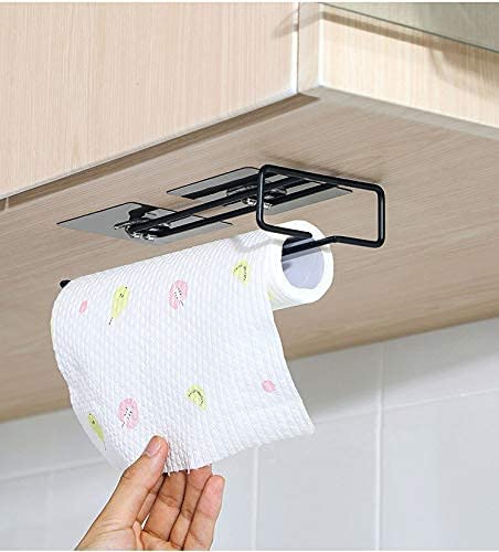 ZURATO Self ZURATO Self Adhesive Wall Mounted 3 in 1 Multi Functional Kitchen Rack for Towel Holder, Tissue Paper Rack, Wine Glass Holder (1pc Tissue Rack, Black) Toilet Paper Holder (25x4x9cm) - Image 1